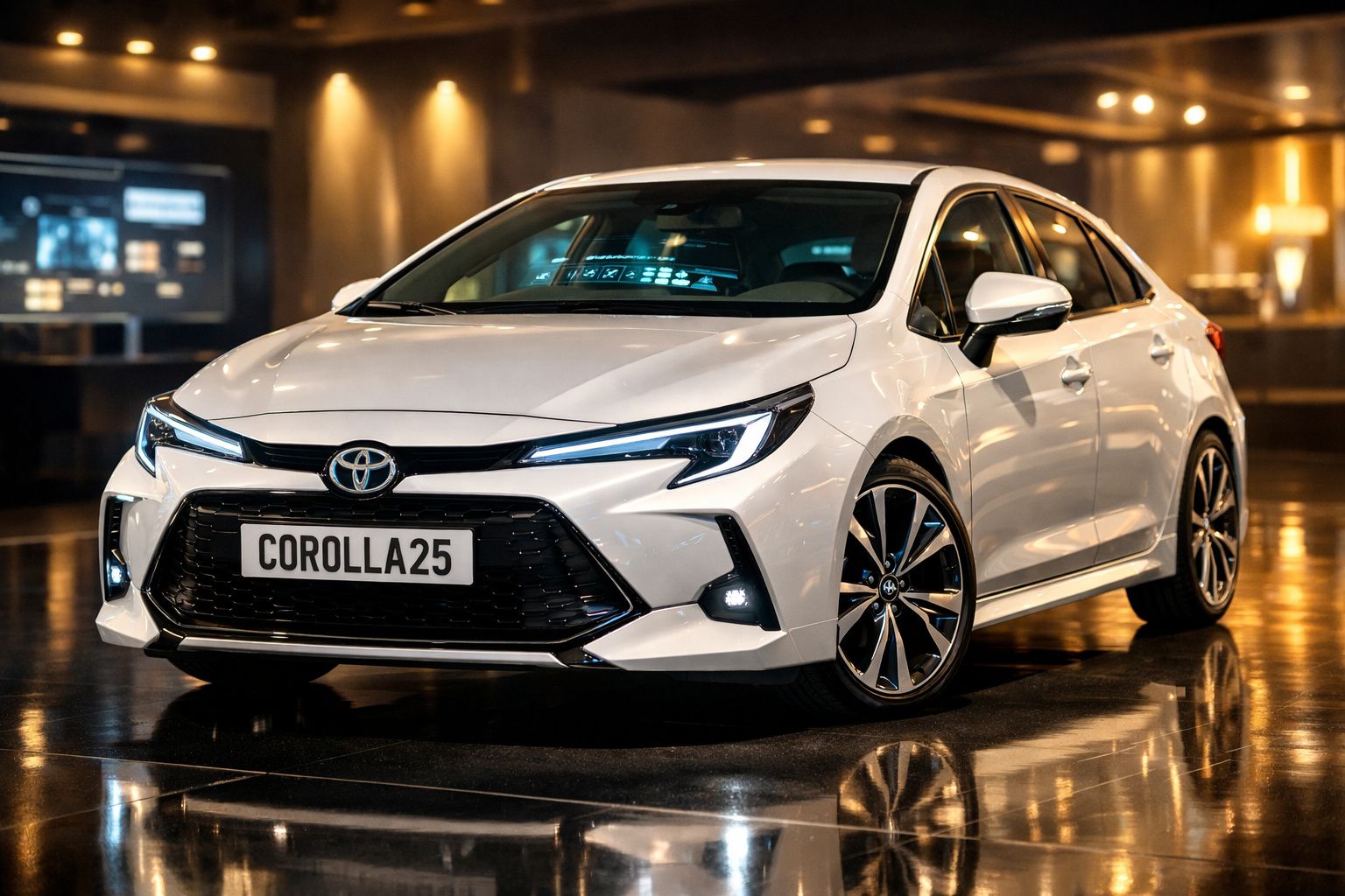 Carro branco Toyota Corolla 2025 estacionado em ambiente interior com iluminação ambiente amarelada.