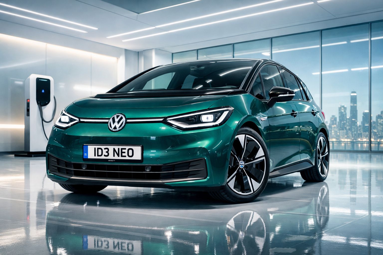 Automóvel Volkswagen elétrico verde modelo ID3 NEO estacionado numa garagem moderna com posto de carregamento.