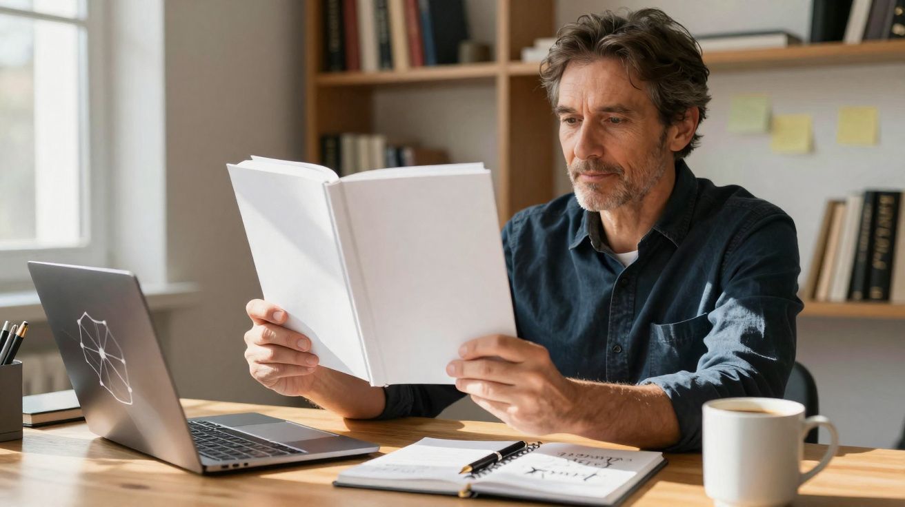 Homem sentado numa secretária a ler um livro, com portátil aberto e caneca ao lado.