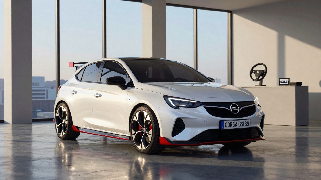 Carro desportivo branco Opel Corsa GSi estacionado em interior moderno com janelas grandes e luz natural.