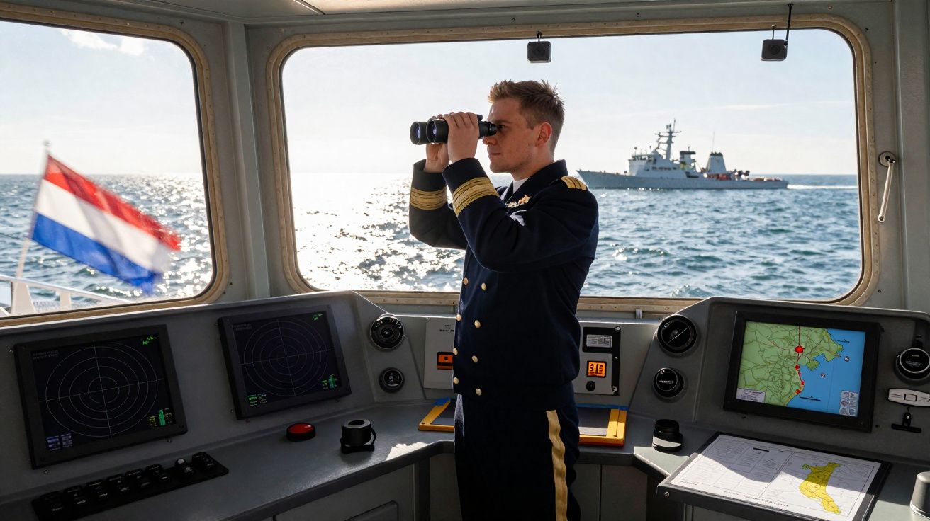 Oficial naval observa com binóculos do interior do navio com outro navio militar visível no mar.