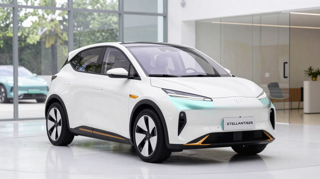 Carro elétrico branco futurista estacionado num espaço interior moderno e luminoso.