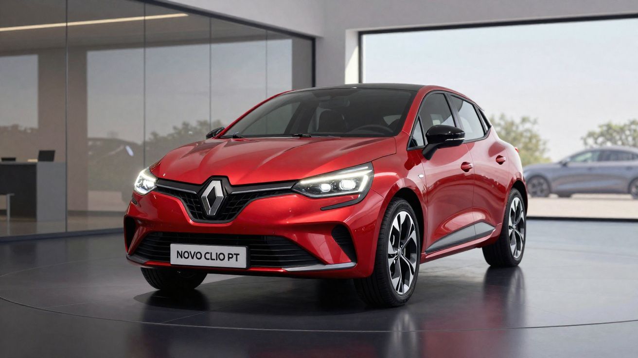 Renault Novo Clio vermelho, carro compacto, moderno, com luzes dianteiras acesas num showroom.