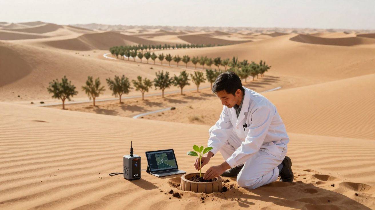 Homem de bata branca planta muda no deserto com equipamentos tecnológicos e árvores ao fundo.