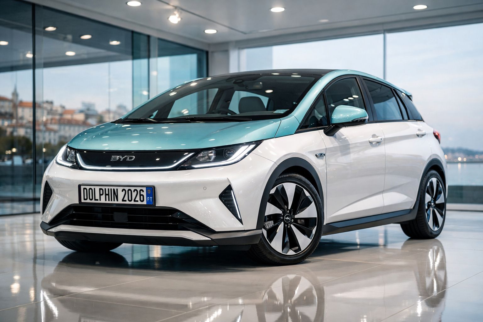 Carro elétrico BYD Dolphin 2026 branco e azul claro exibido em showroom moderno e luminoso.