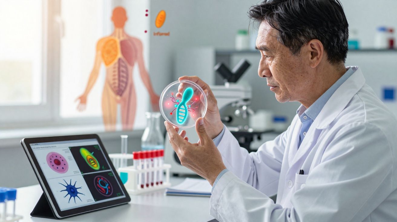 Cientista analisa imagem digital de célula em placa de petri numa sala de laboratório moderna.