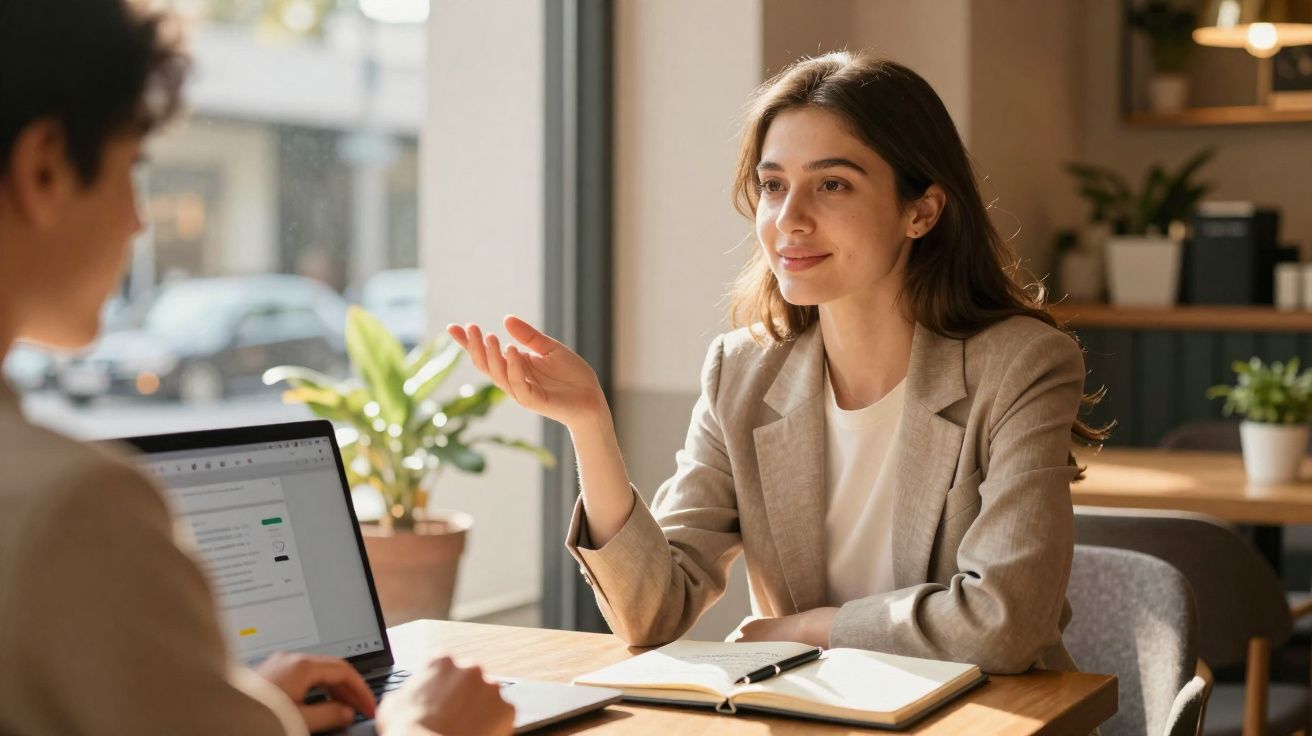 Duas pessoas a conversar em escritório com portátil e caderno numa mesa junto a janela.