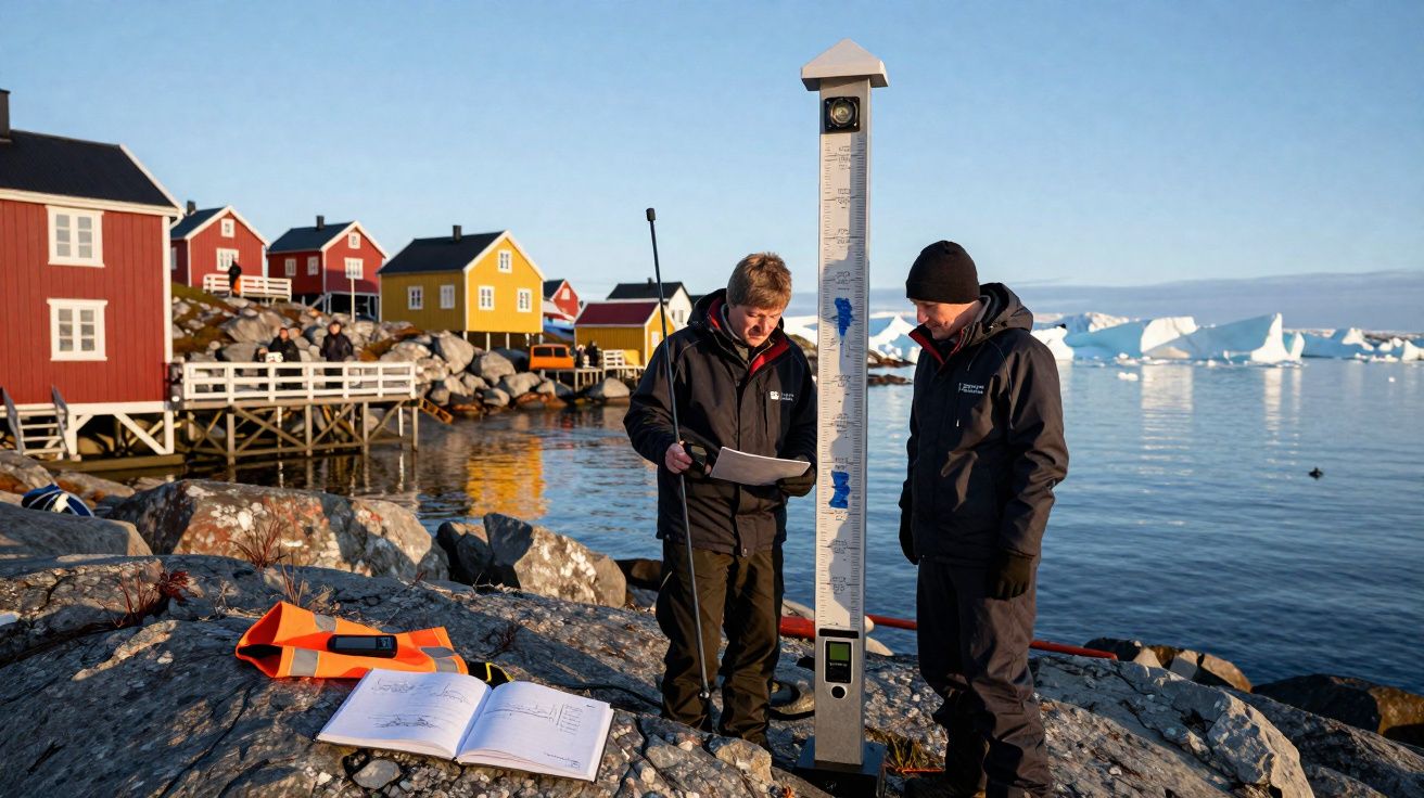 Duas pessoas em roupas quentes medem nível de água perto de casas coloridas e icebergues no mar calmo.