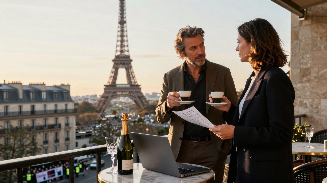 Duas pessoas a conversar num terraço em Paris, com vista para a Torre Eiffel ao pôr do sol.