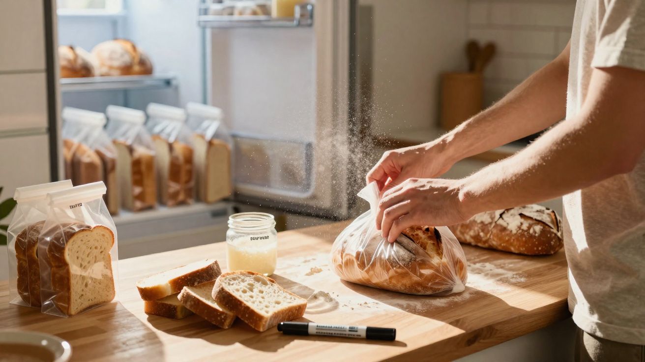 Pessoa a embrulhar pão num saco plástico numa cozinha iluminada, com mais pães e fatias na mesa e prateleira.