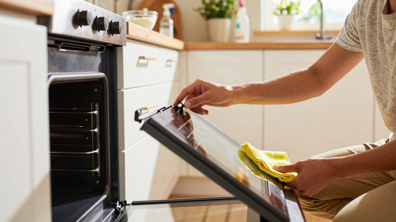 Pessoa a limpar a porta de um forno de cozinha com um pano amarelo, num ambiente iluminado e moderno.