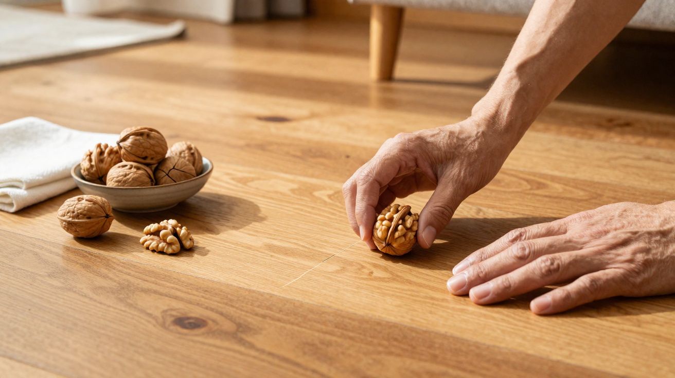 Mãos a partir uma noz sobre chão de madeira, com nozes inteiras e um prato ao lado.