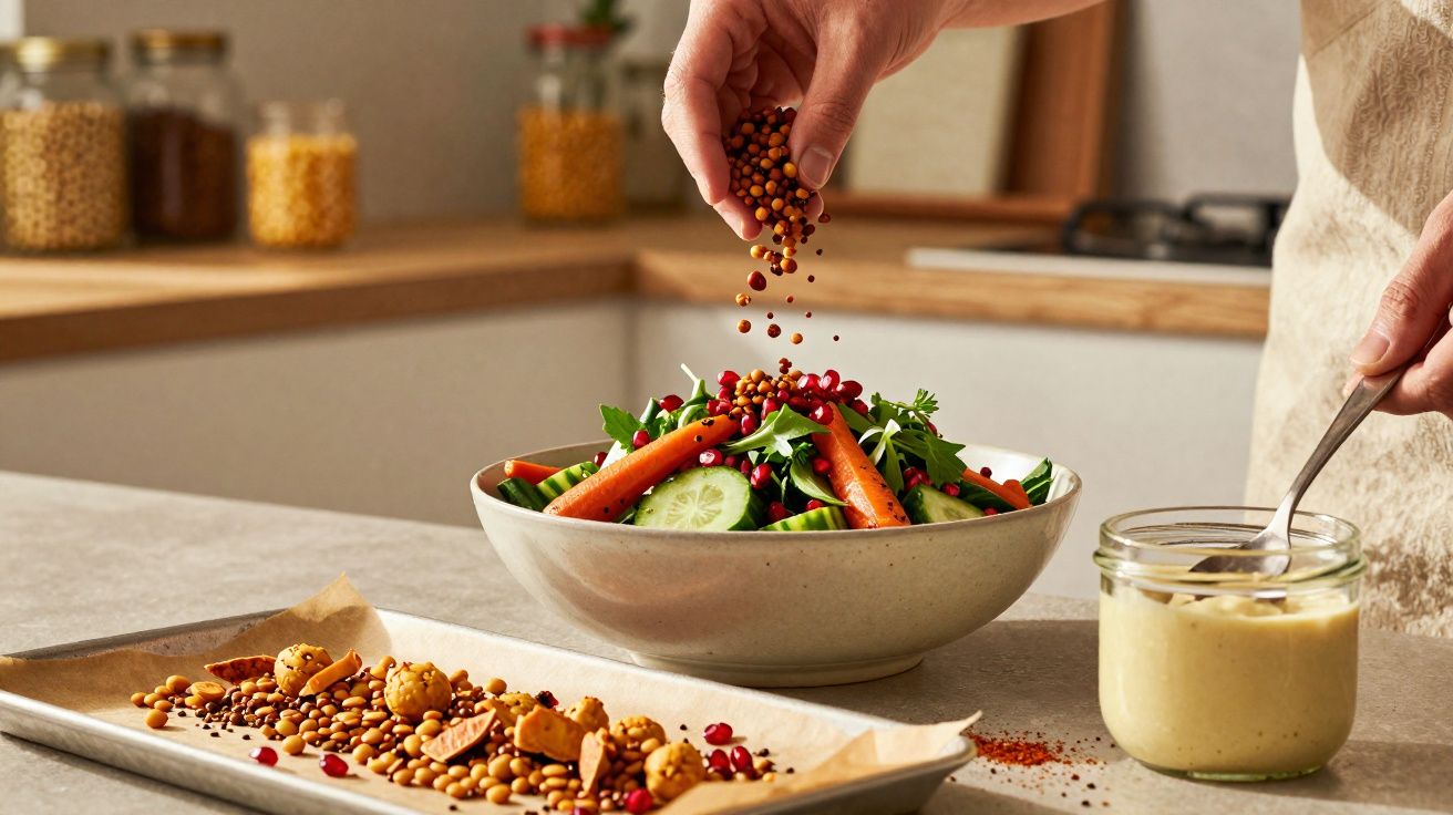 Mão a polvilhar sementes sobre salada com cenoura, pepino e folhas verdes numa cozinha moderna.