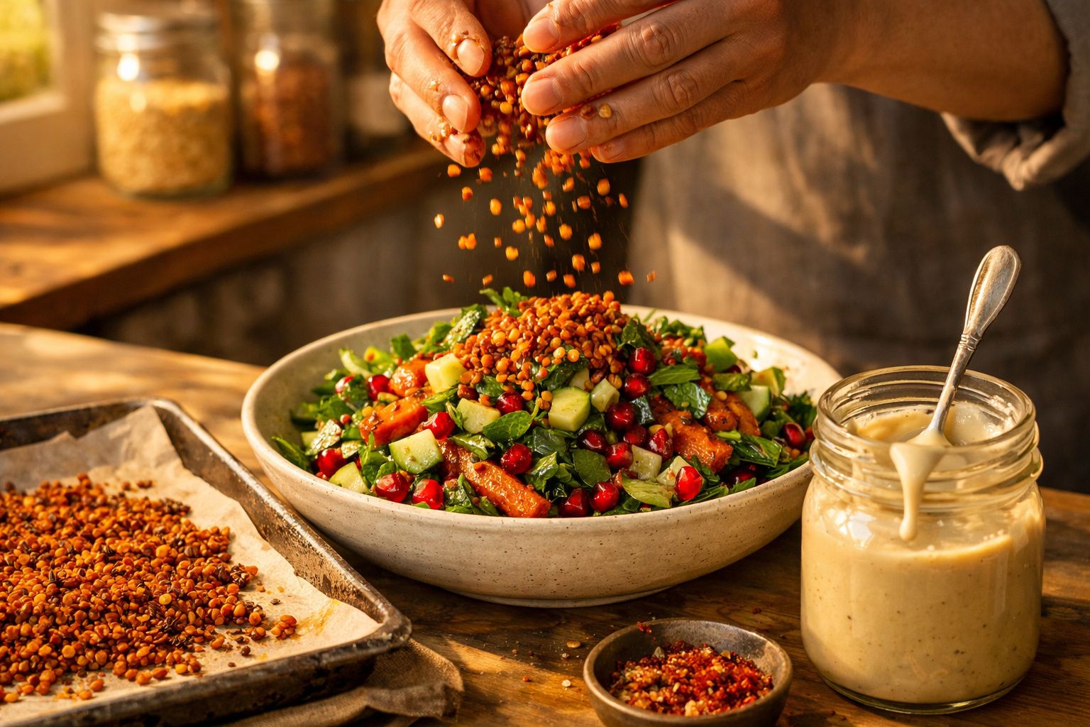 Mãos a colocar lentilhas tostadas numa salada colorida com pepino, romã e molho cremoso ao lado.