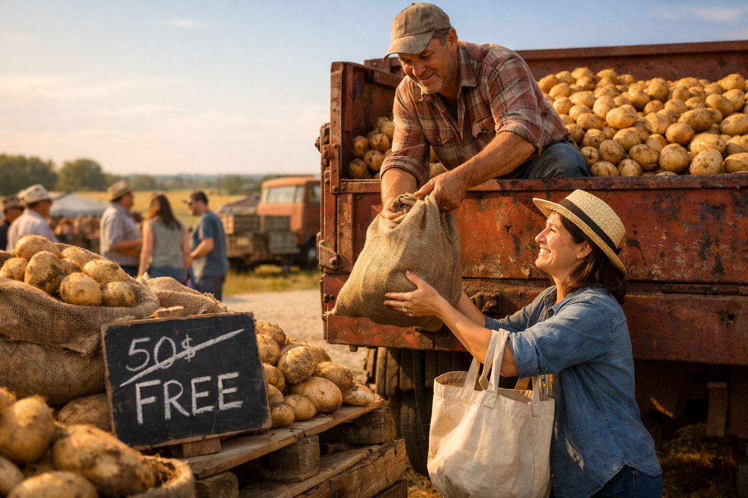 Vendedor entrega saco de batatas a cliente num mercado agrícola ao ar livre, batatas estão à venda gratuitamente.