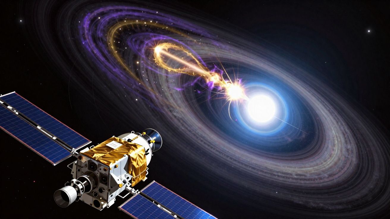 Satélite em órbita observa um buraco negro emitindo jatos de energia no espaço.