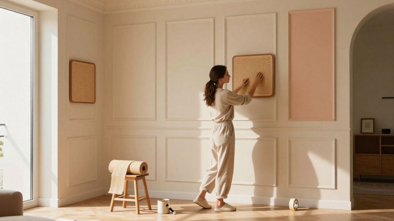 Mulher decorando parede clara de sala luminosa com acessórios de palha e mobiliário minimalista.