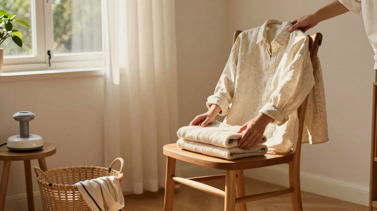 Mãos a organizar roupa dobrada e camisa bege numa cadeira de madeira numa sala iluminada pela luz natural.
