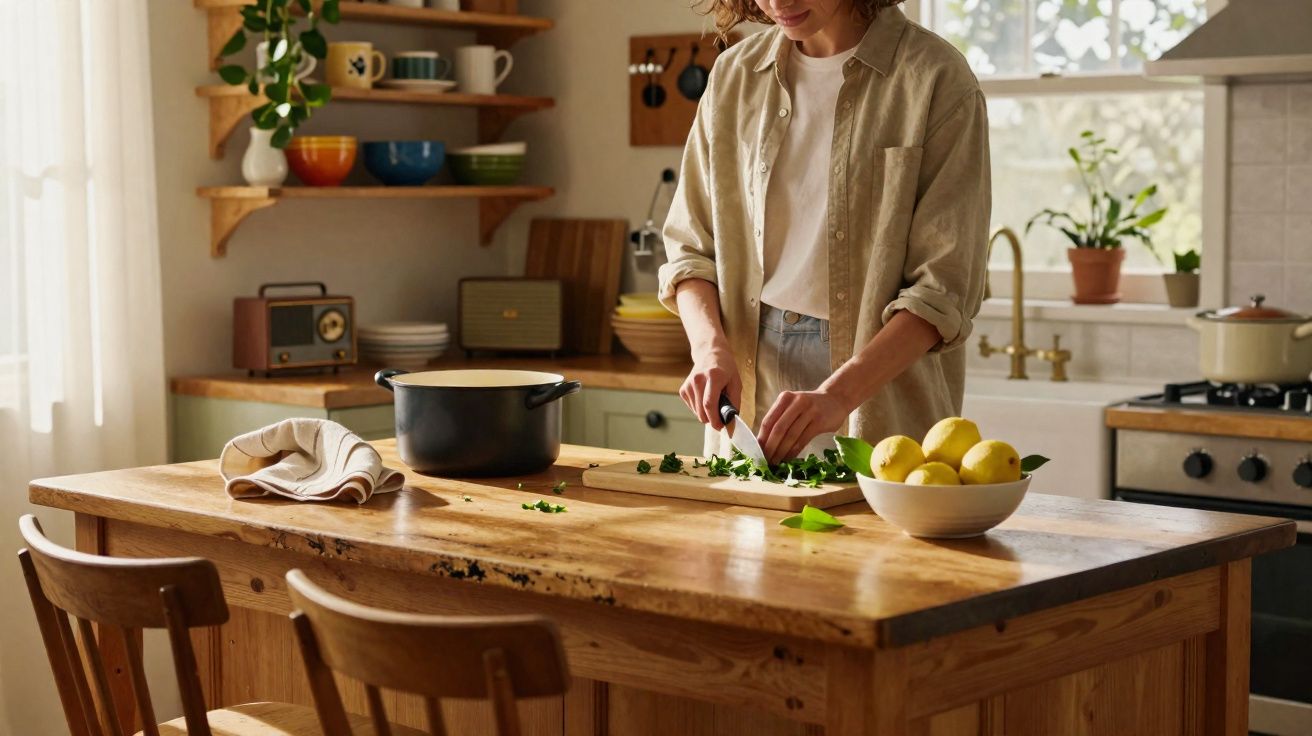 Pessoa a cortar ervas frescas numa cozinha iluminada com mesa de madeira, frutas e utensílios.