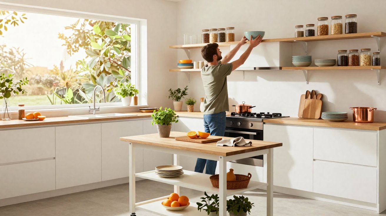 Homem arrumando pratos em prateleiras numa cozinha luminosa com bancada de madeira e plantas.