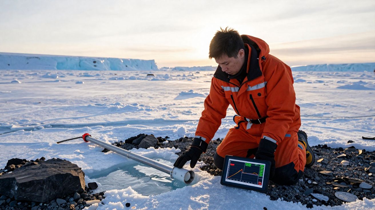 Pessoa em roupa térmica laranja recolhe amostra de gelo na Antártida, com tablet a mostrar gráficos.