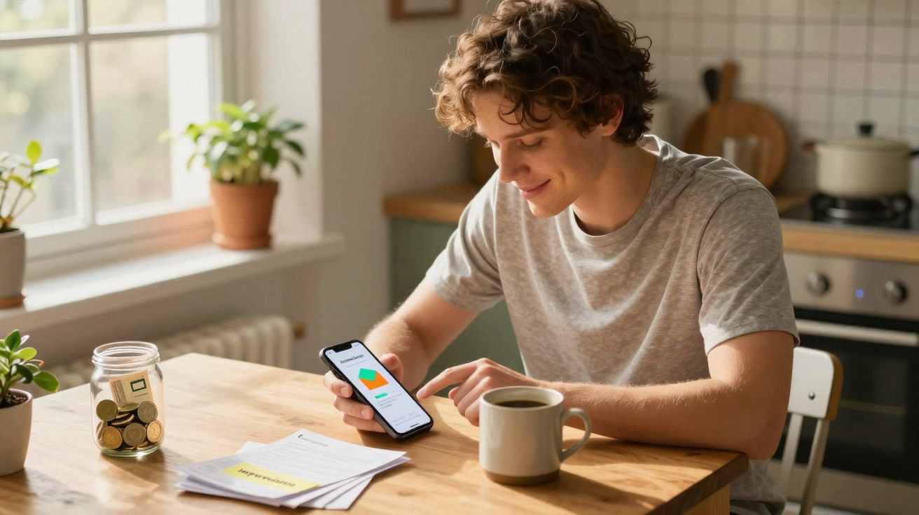 Jovem sentado à mesa com telemóvel, chávena e documentos, a consultar gráficos na aplicação financeira.