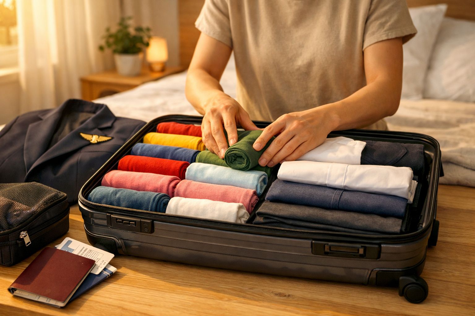 Pessoa a arrumar roupa colorida dobrada numa mala preta em quarto bem iluminado.