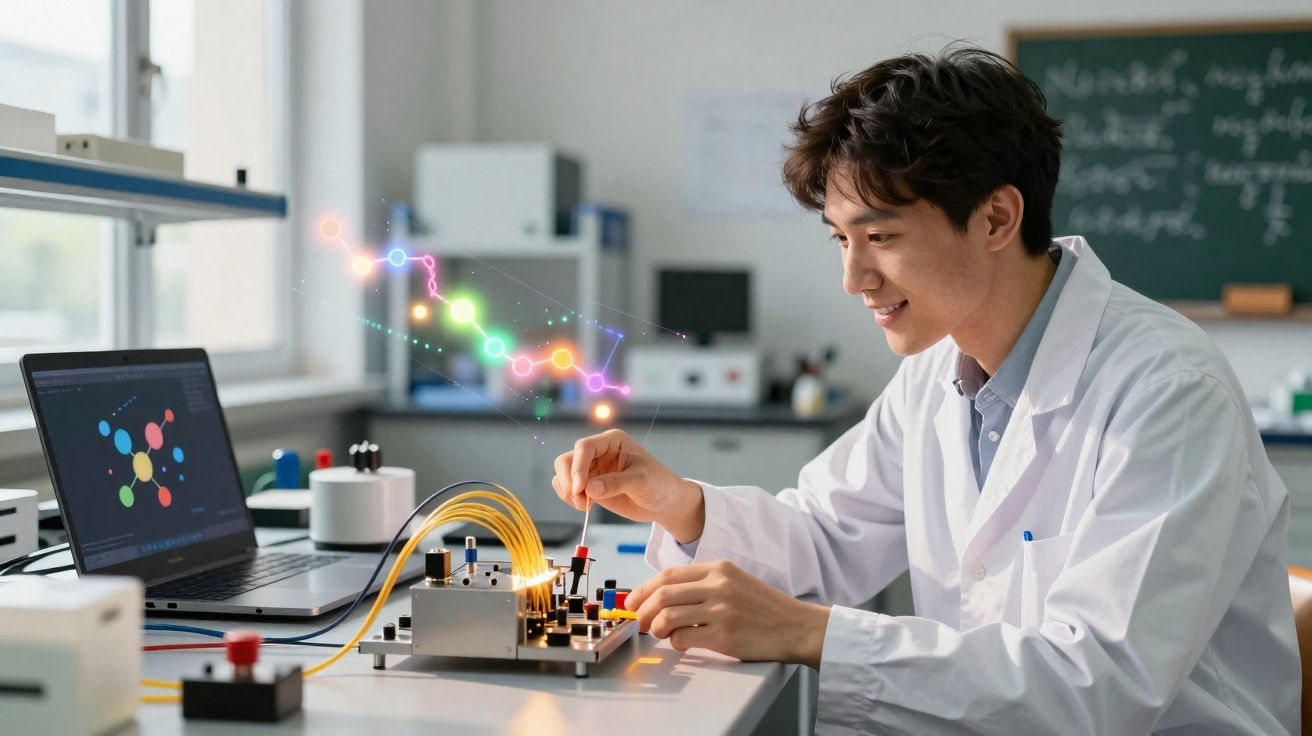 Cientista jovem em bata branca a realizar experiência com equipamento de laboratório e laptop, sorrindo.