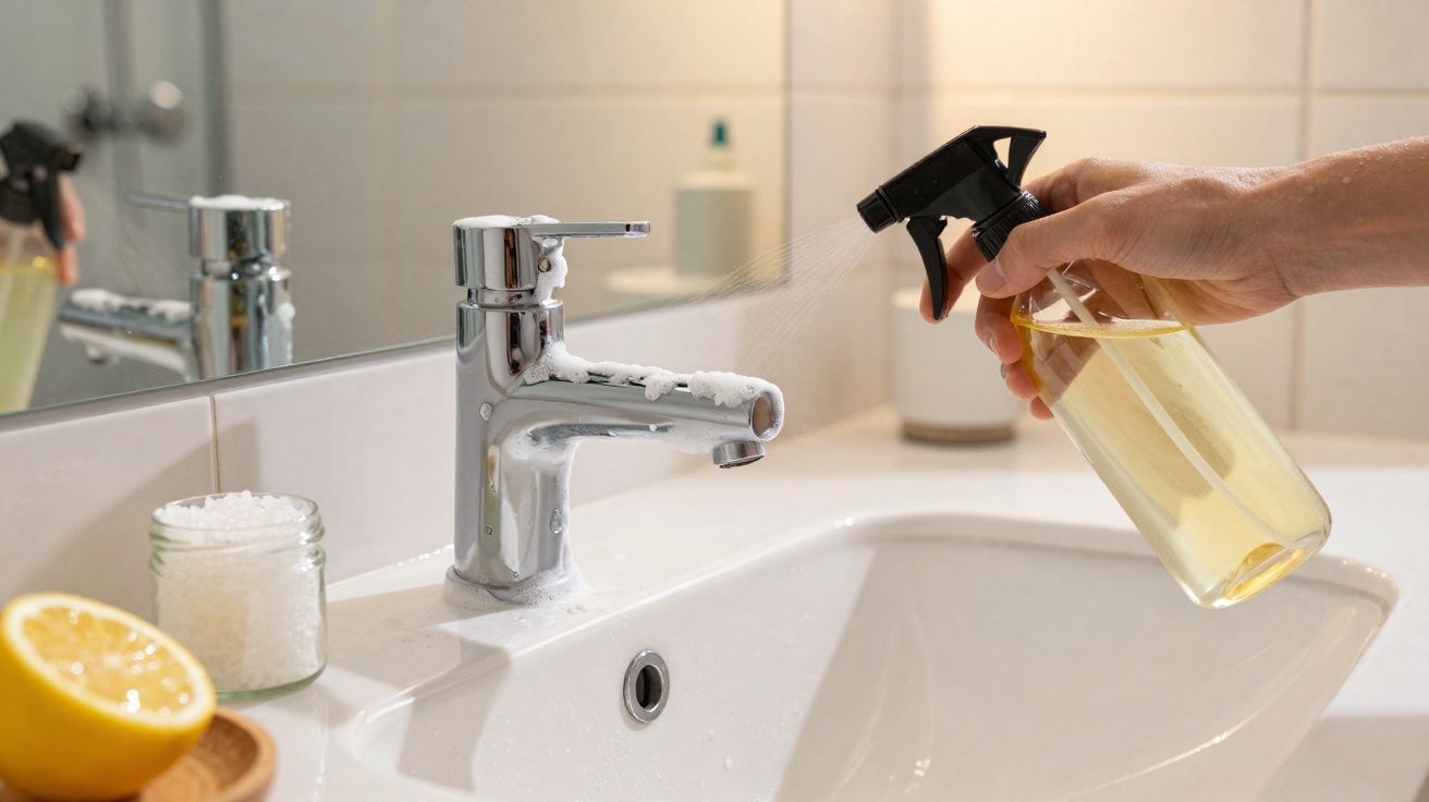 Mão pulveriza limpa torneiras com spray perto de pia, limão e pote de sal dentro de casa de banho.