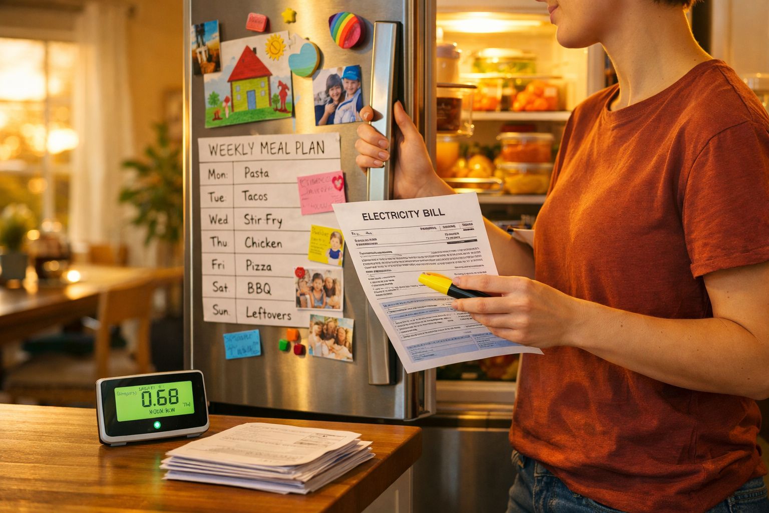Pessoa junto a frigorífico aberto, a analisar fatura de eletricidade com marcador amarelo na mão.