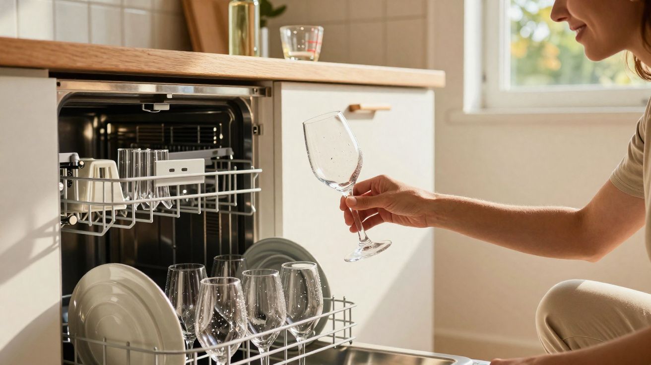 Pessoa a retirar copo de vidro limpo da máquina de lavar loiça numa cozinha iluminada.
