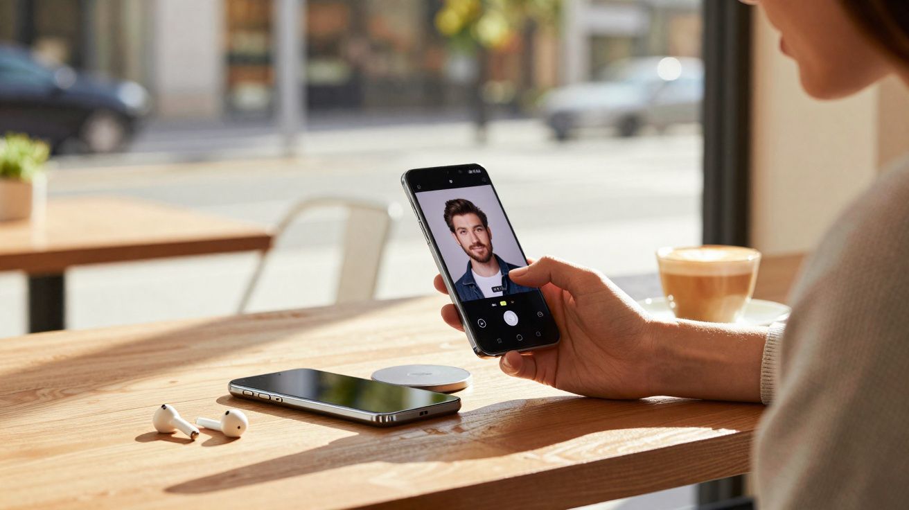 Mulher a tirar selfie com smartphone numa mesa de café com auriculares, telemóvel e chávena de café.
