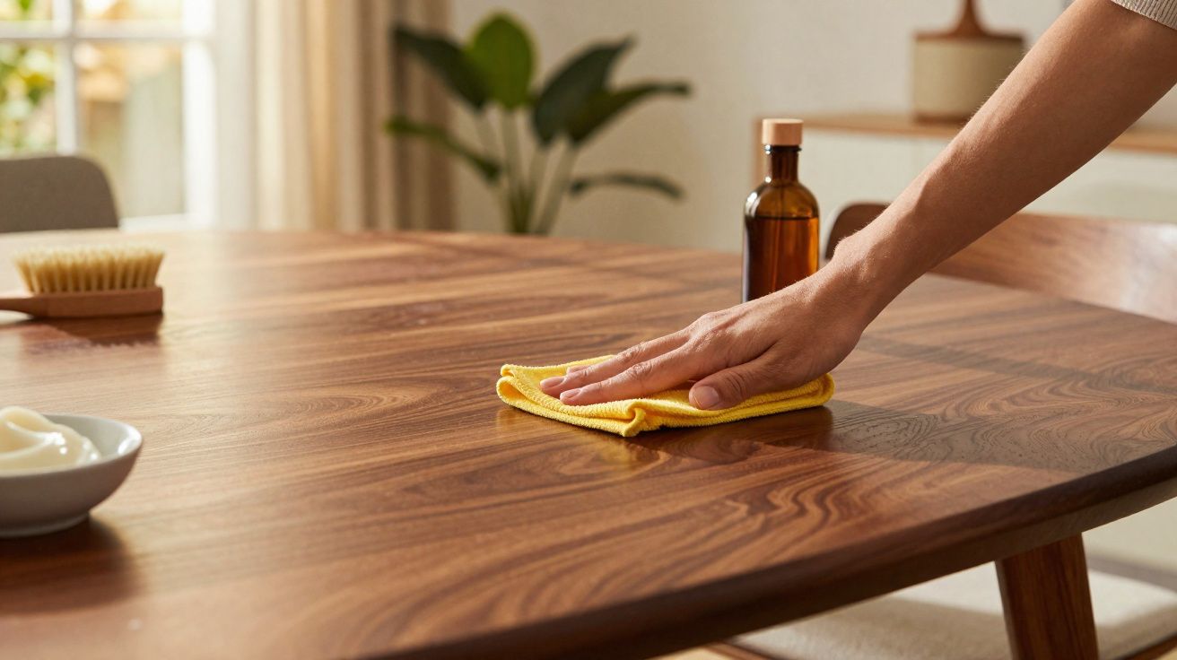 Mão a limpar mesa de madeira com pano amarelo e frasco de vidro ao fundo num ambiente luminoso.