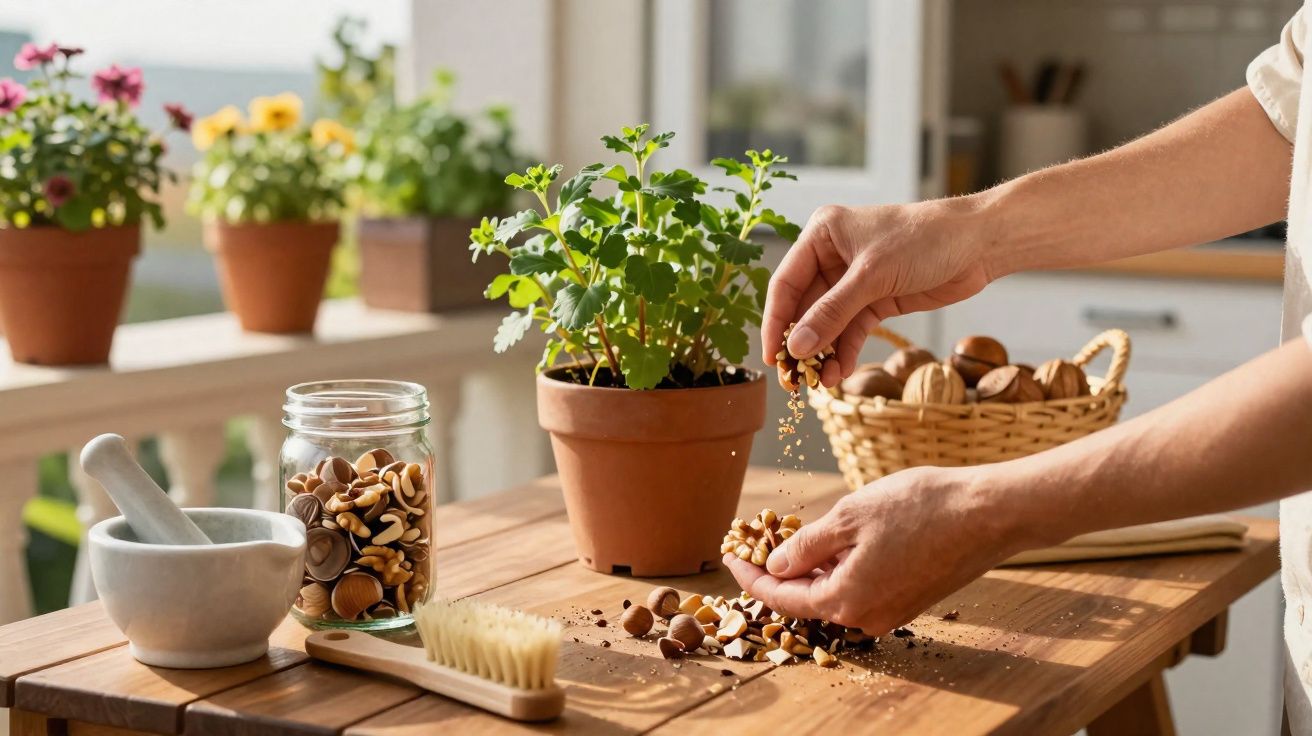 Pessoa a partir sementes em mãos numa mesa de madeira com plantas e utensílios de jardinagem.