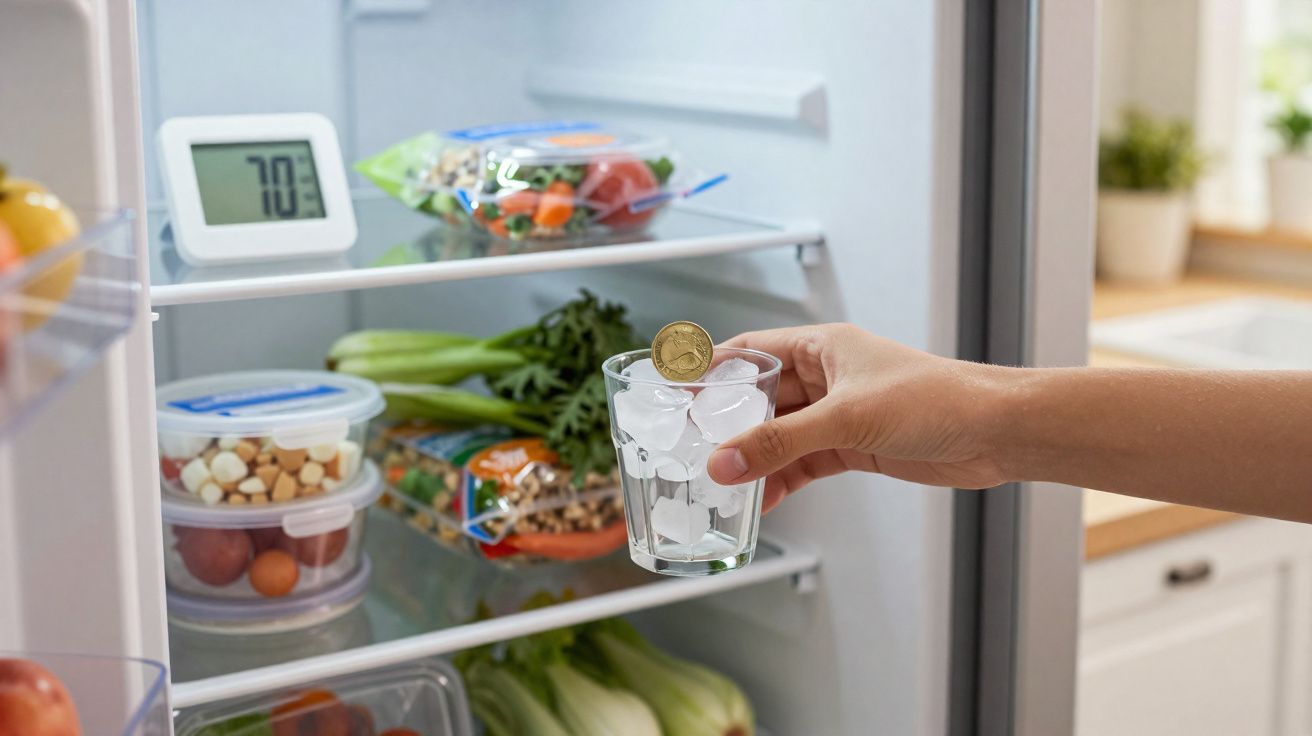 Mão a segurar copo com gelo dentro de frigorífico aberto com legumes e termómetro a indicar 7°C.
