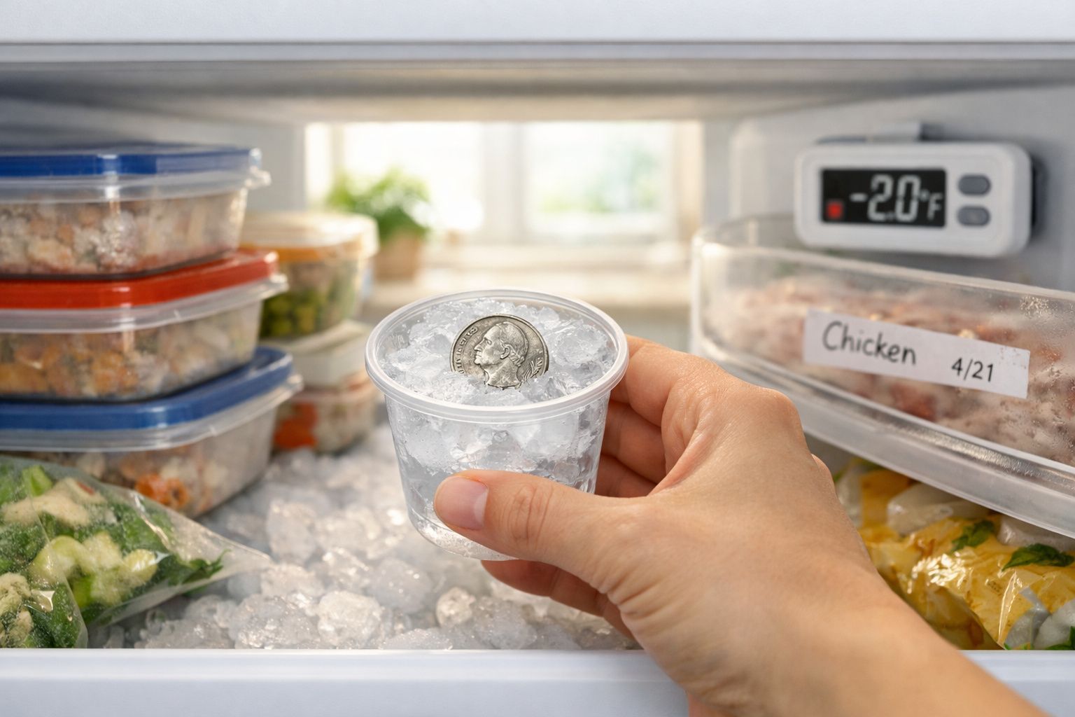 Mão a colocar uma moeda dentro de gelo num congelador com recipientes e saco de legumes congelados.