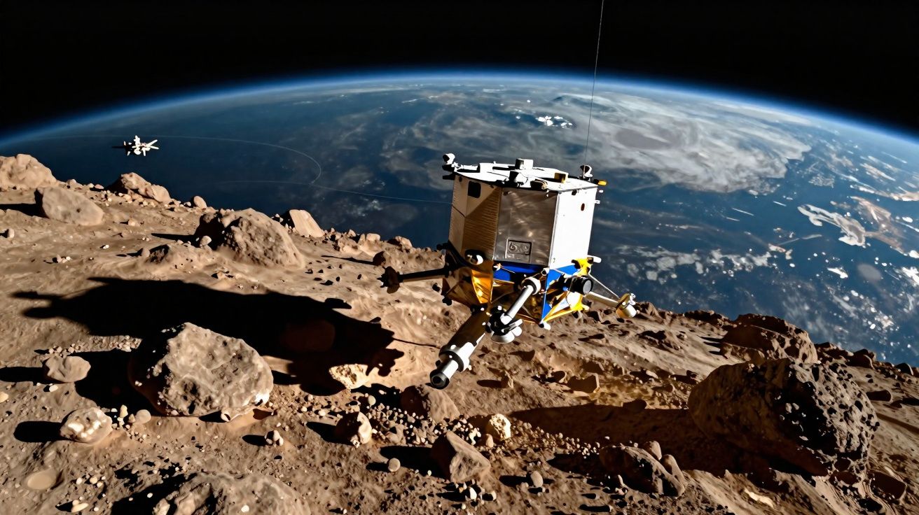Sonda espacial pousada numa superfície rochosa com a Terra visível ao fundo no espaço.