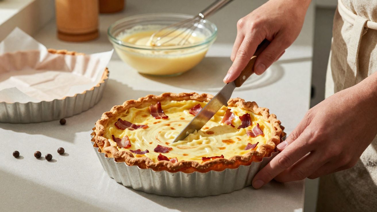 Pessoa a cortar quiche com bacon numa cozinha com ingredientes e utensílios ao fundo.