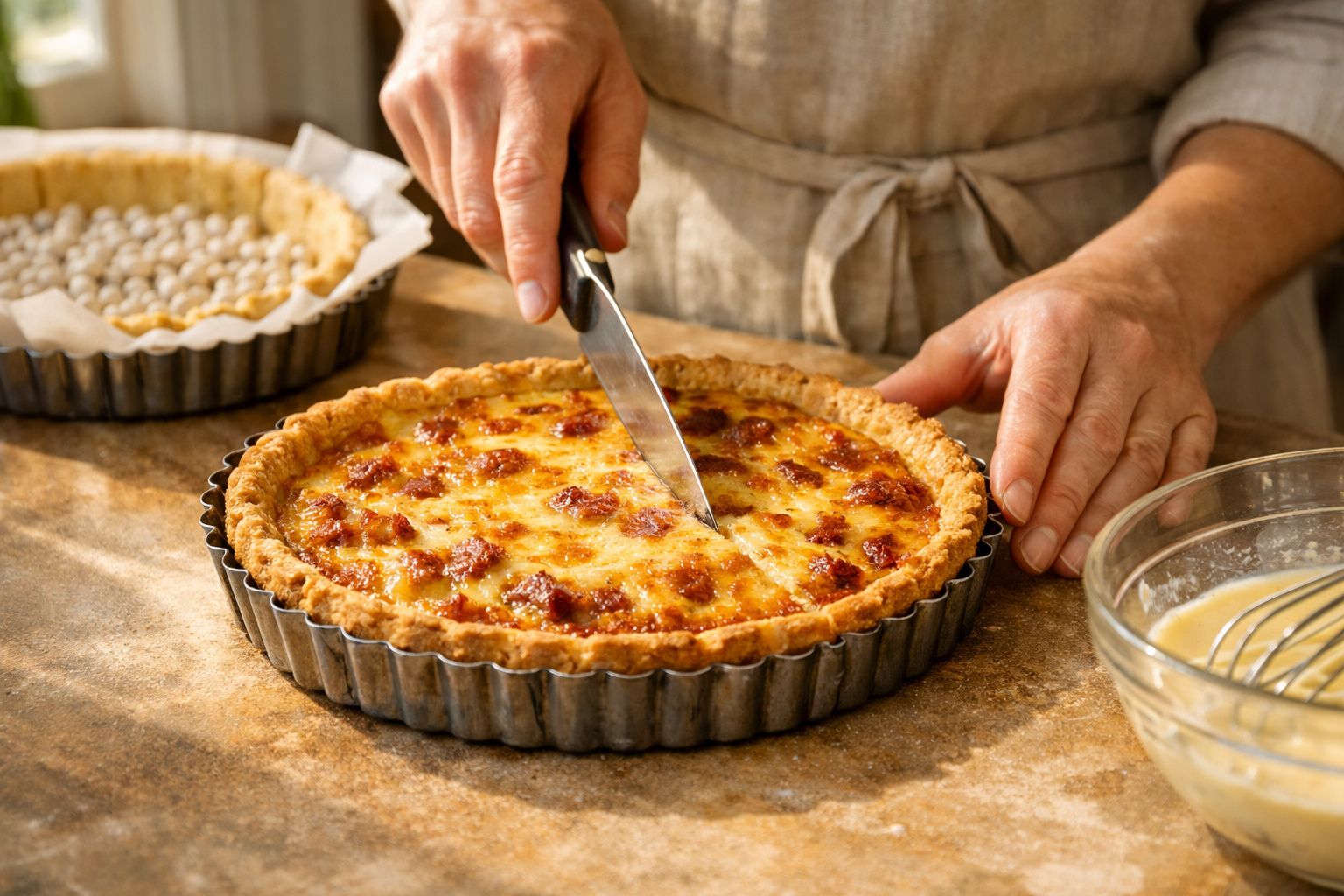 Pessoa a cortar uma tarte dourada acabada de sair do forno, com outra tarte e ingredientes ao lado sobre a bancada.