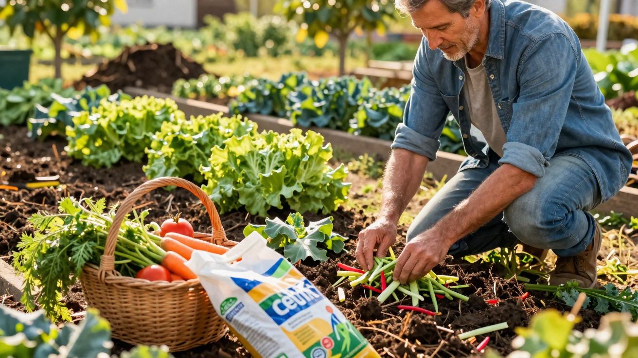 Homem a colher legumes numa horta com cesto de vegetais frescos ao lado.