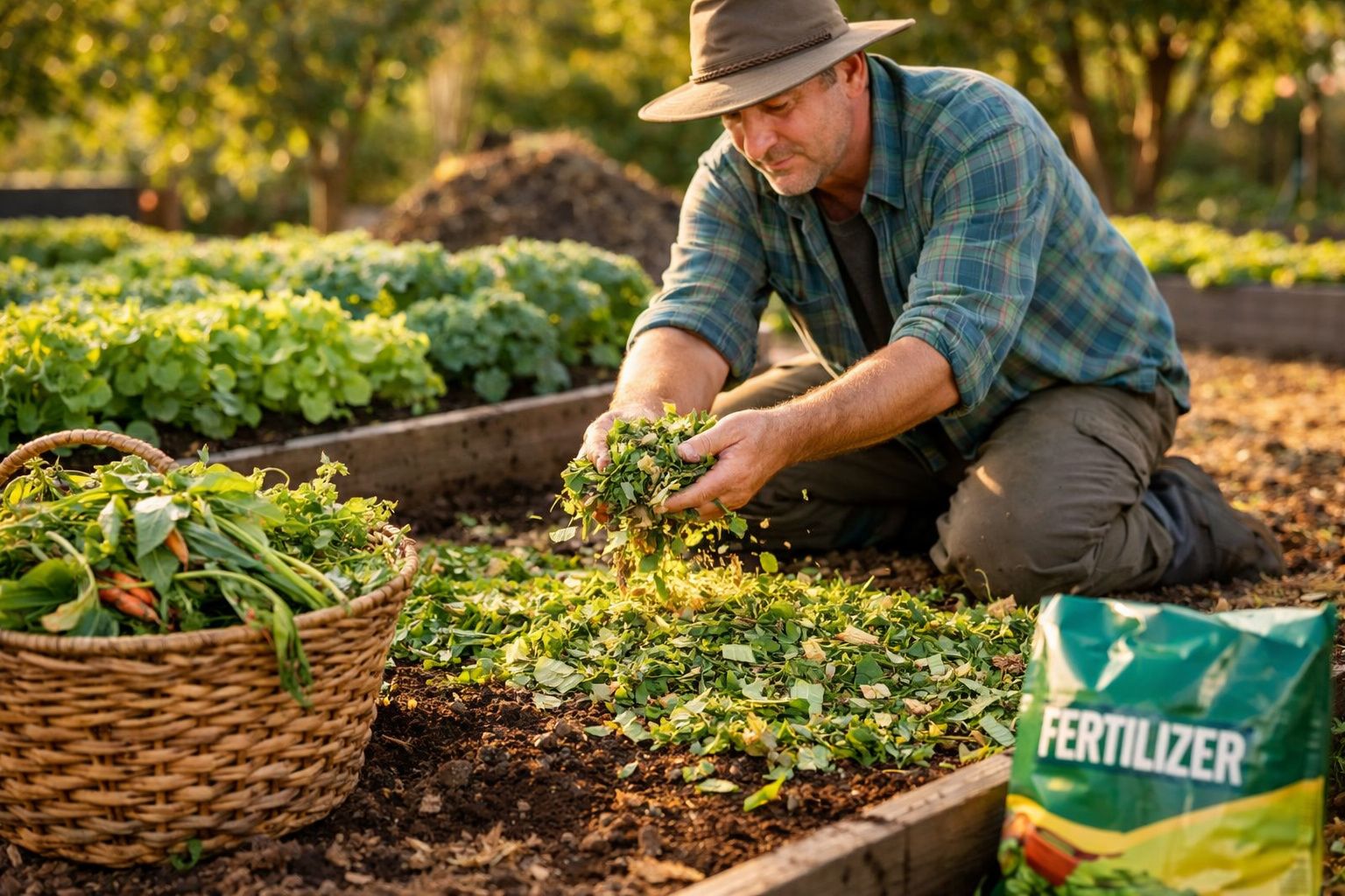 Homem a preparar mistura de folhas para fertilizar canteiro numa horta ao ar livre ao entardecer.