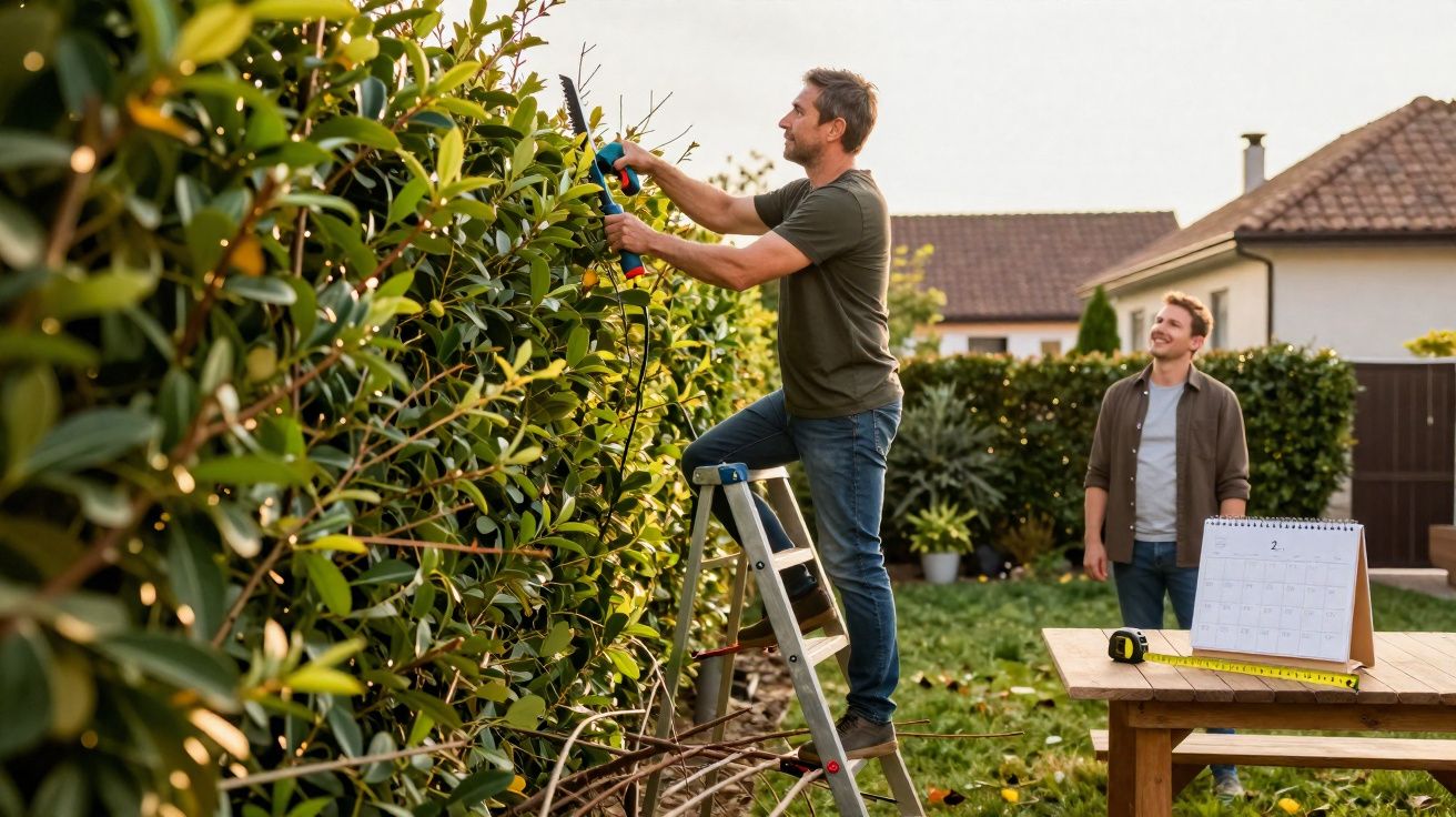 Homem em escada a podar sebe com tesoura elétrica, outro homem observa sorrindo num jardim com mesa e calendário.