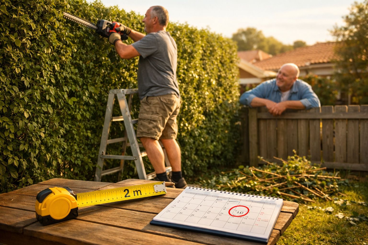 Homem a podar sebe enquanto outro observa numa varanda, com fita métrica e calendário em primeiro plano.