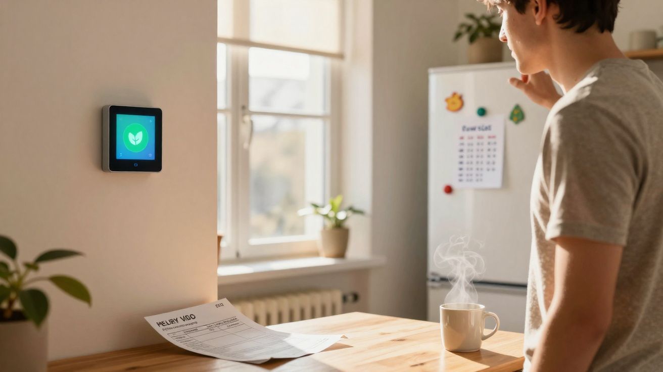 Homem a ajustar termóstato digital numa cozinha com luz natural e mesa de madeira com bebida quente.
