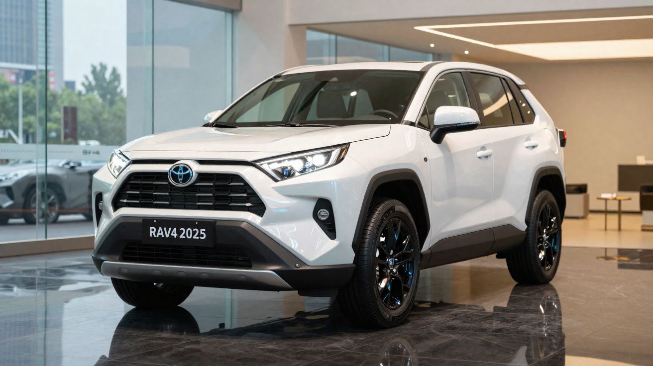 Toyota RAV4 2025 branco exposto em showroom com acabamento moderno e rodas pretas.