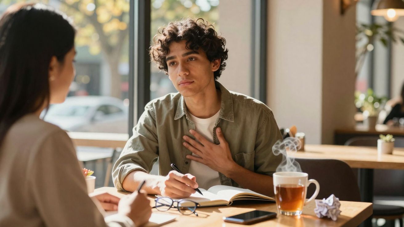 Jovem homem a falar seriamente com mulher num café, com chá quente e caderno à frente.