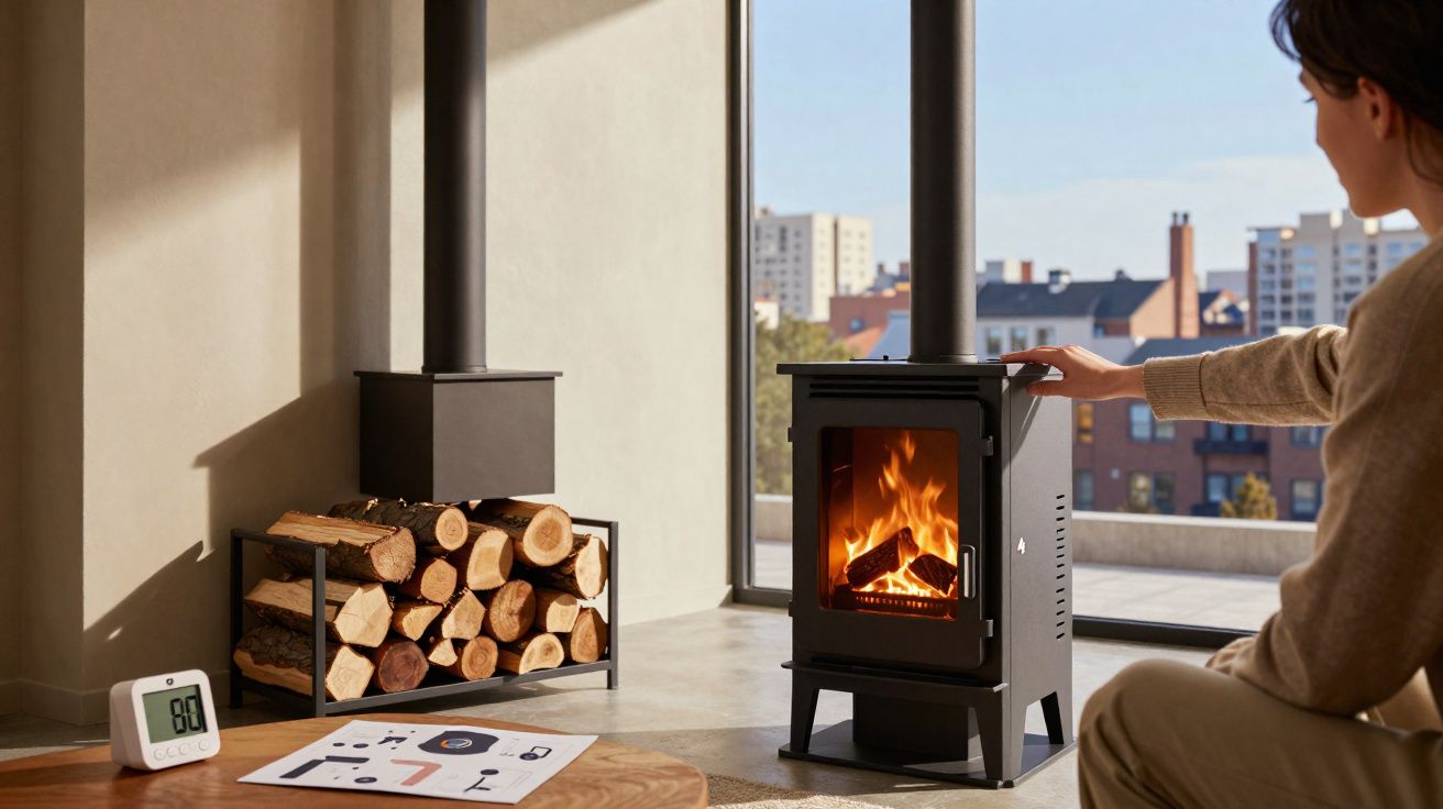 Pessoa ajusta termóstato perto de salamandra a lenha acesa numa sala moderna com janela grande.