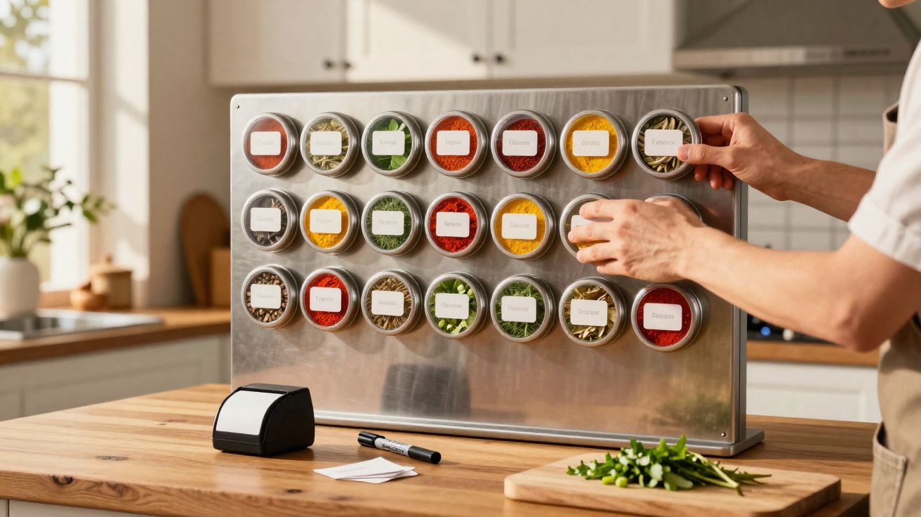 Mãos a organizar frascos magnéticos com especiarias coloridas numa placa metálica numa cozinha moderna.