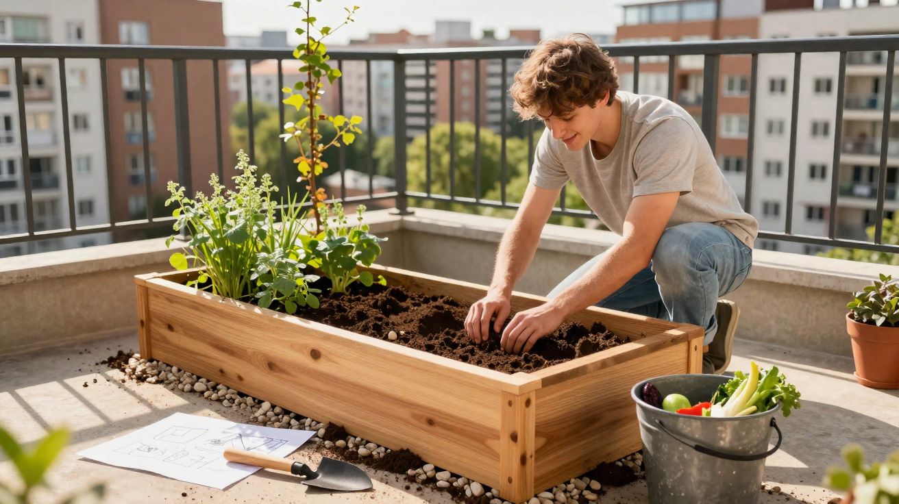Jovem a cultivar plantas em canteiro de madeira num terraço urbano com prédios ao fundo.