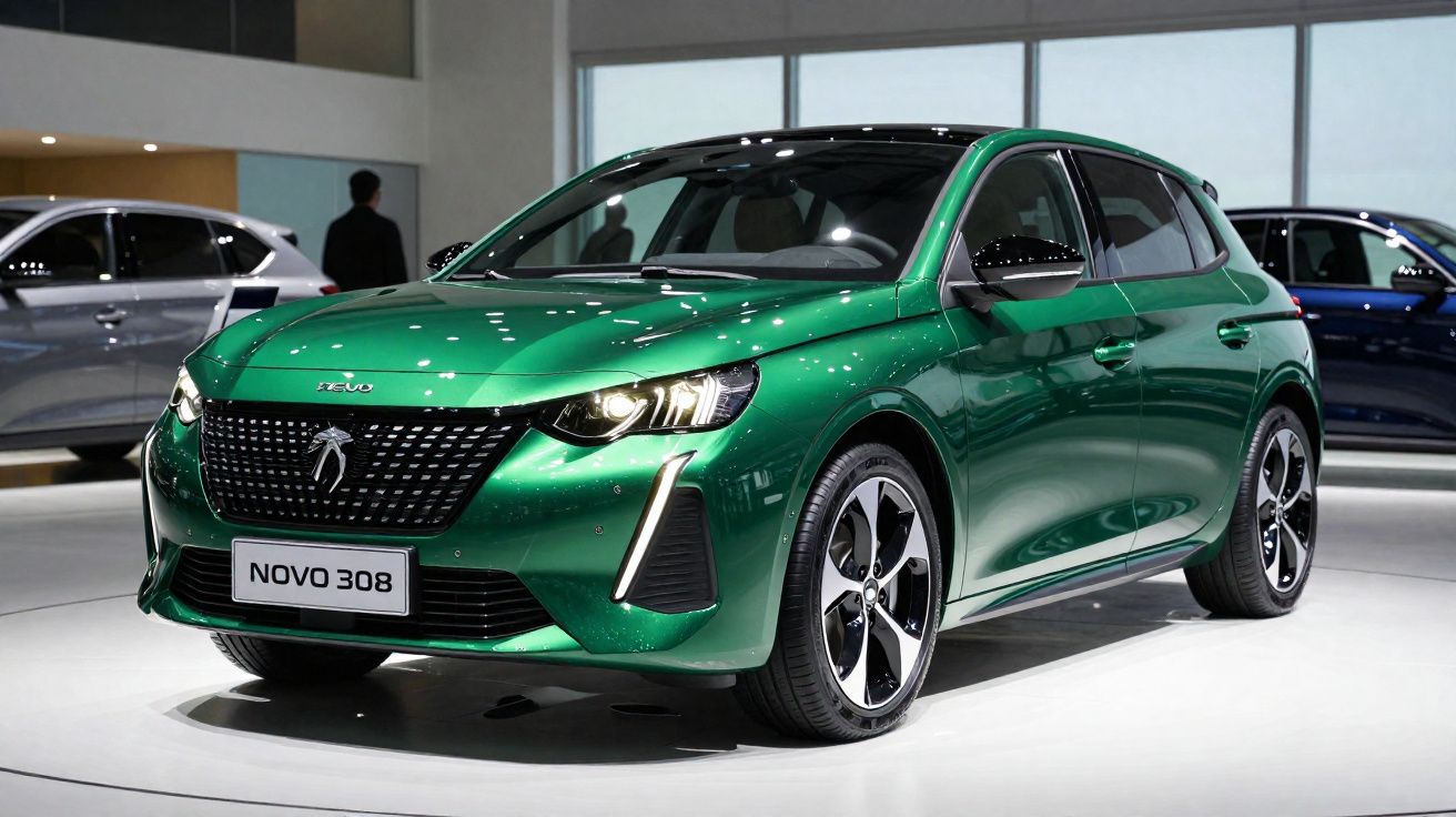 Carro hatchback verde metálico Novo 308 exposto em salão automóvel moderno.